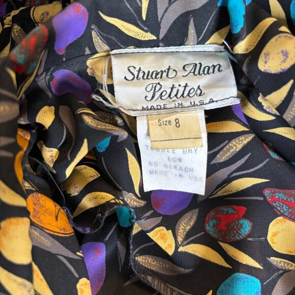 Vintage 80s Stuart Alan Midi Dress Size Medium Black Floral Pockets Short Sleeve - Picture 6 of 6